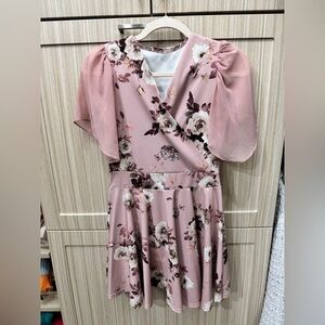 Floral Pink Dress with Sheer Sleeves